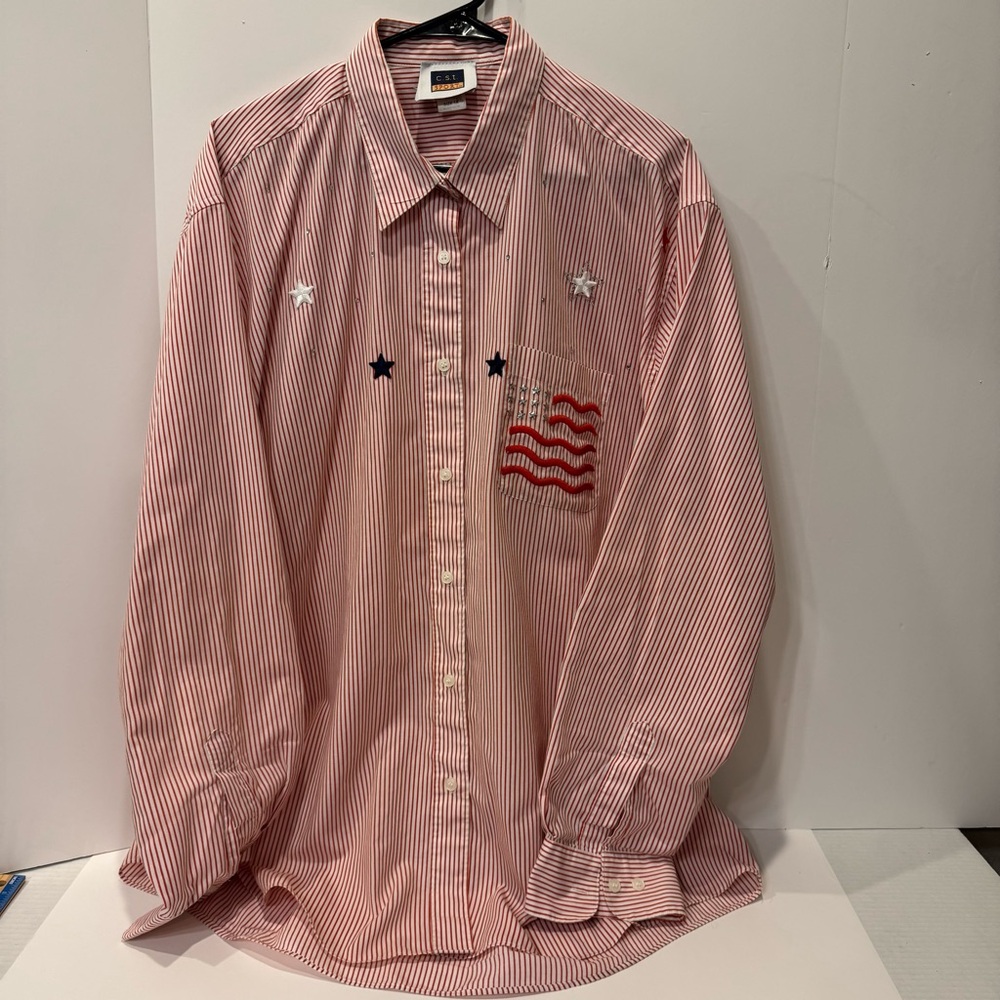 Vtg CST Sport Red/White Stripe 4th July Stars Flags USA Shirt Womens 1X Coverup